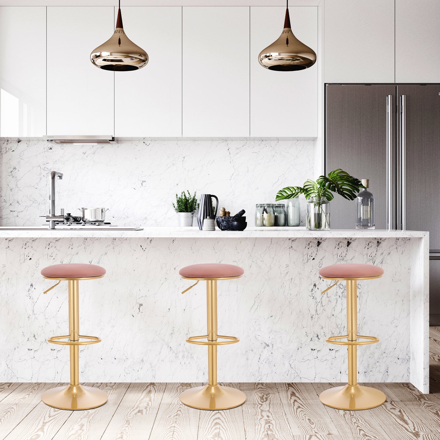 Tabouret de bar réglable à pied doré avec assise ronde rembourré