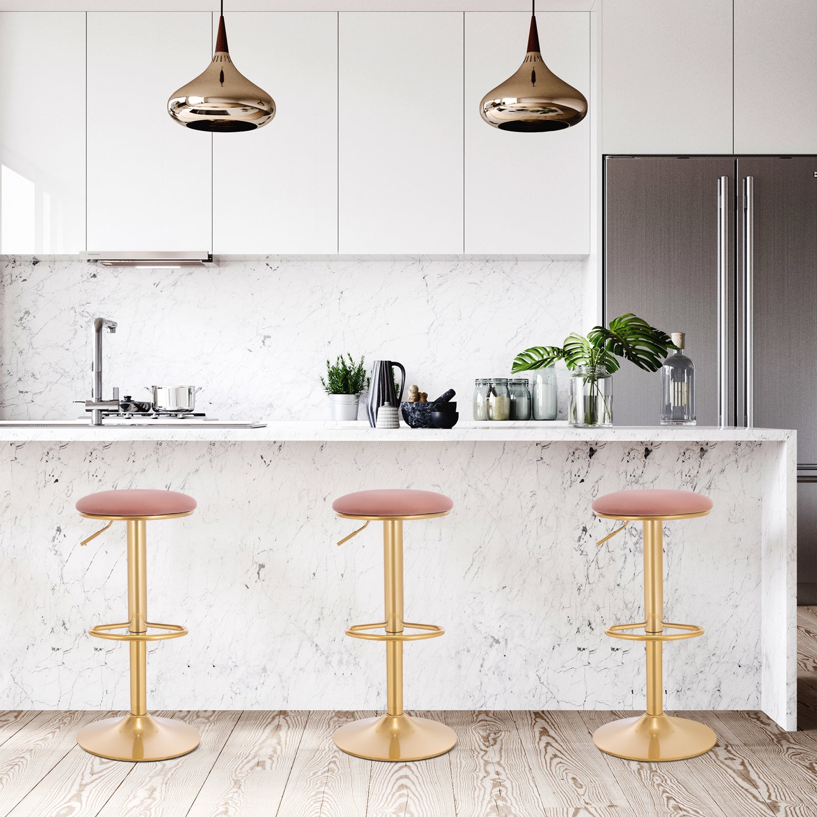 Tabouret de bar réglable à pied doré avec assise ronde rembourré