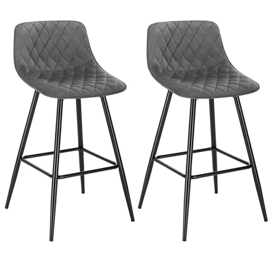 Chaise de bar avec assise en velours quadrillé et pieds en métal noir – Gris